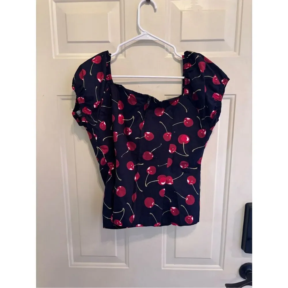 Black Cherry Print Puff Sleeve Top - Picture 2 of 5
